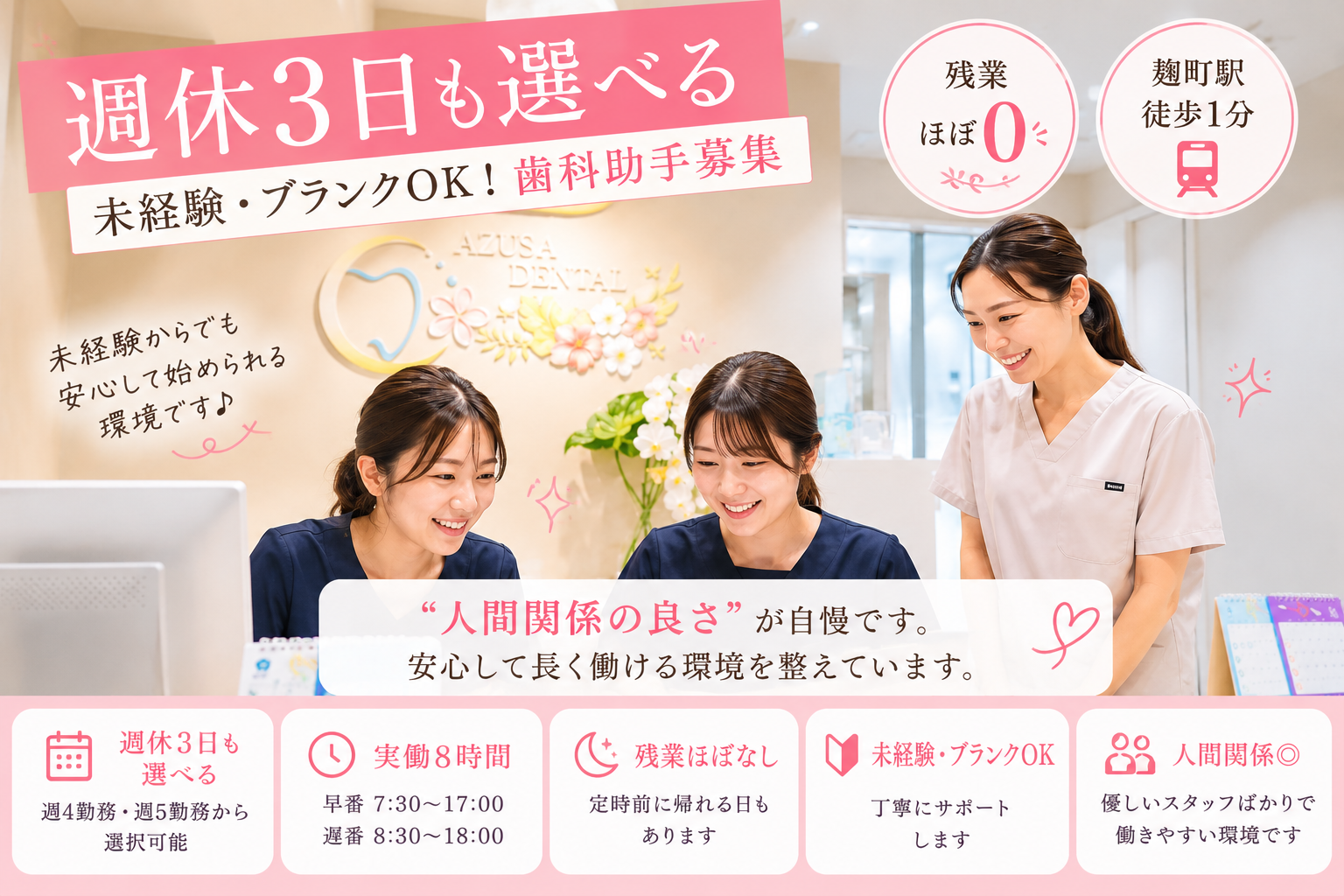 【早番は17時退勤】週休3日も選べる◎歯科助手・受付募集